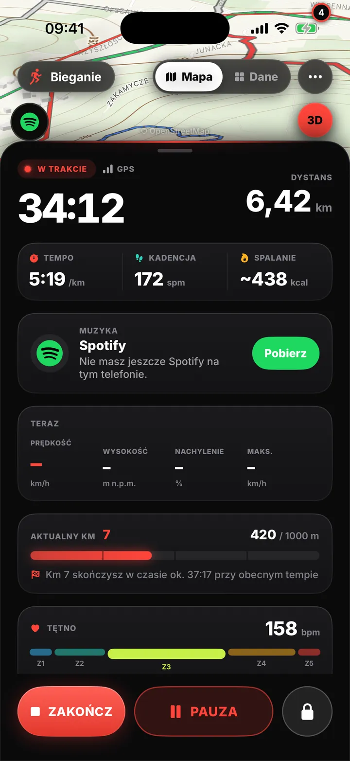 Bieg na żywo: 34:12, 6,42 km, tempo 5:19 na kilometr, kadencja i spalanie